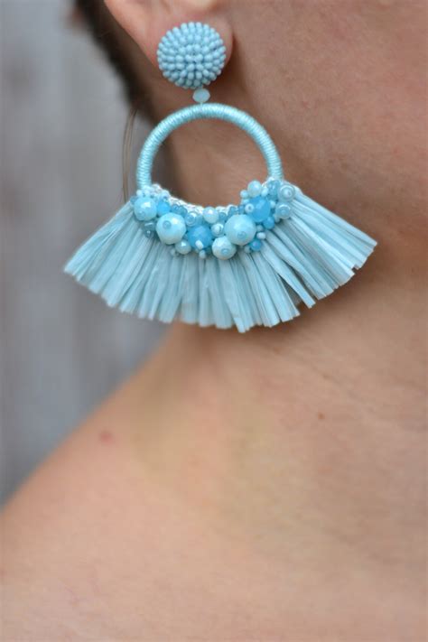 Sky Light Blue Raffia Fringe Earrings Oscar Statement Beaded Etsy