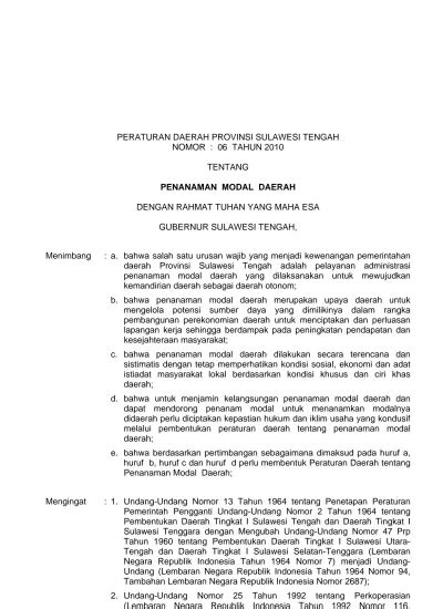 PERATURAN DAERAH PROVINSI SULAWESI TENGAH NOMOR 06 TAHUN 2010 TENTANG