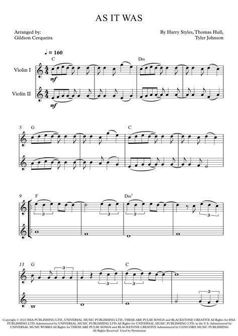 As It Was Arr Gildson Cerqueira By Harry Styles Sheet Music For Violin Duet At Sheet Music Direct