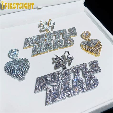 New Hot Iced Out Bling Rectangle CZ Letter Hustle Hard Pendant Necklace