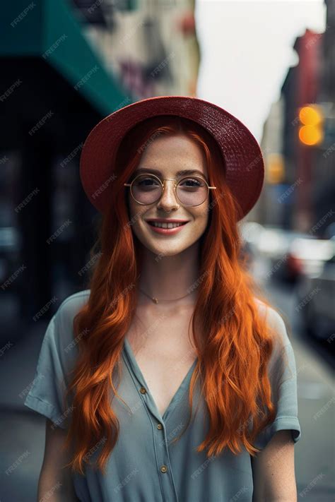 Belle Fille Rousse Dans La Vingtaine Dans Un Chapeau Et Des Lunettes De