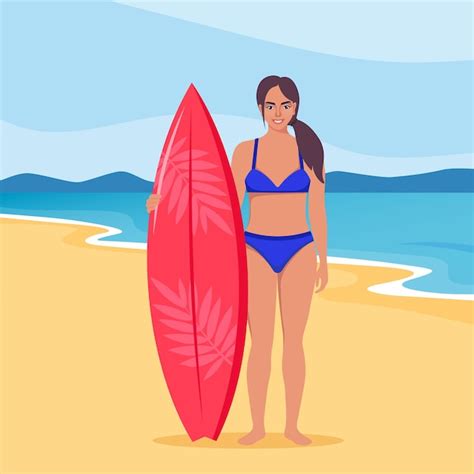 Premium Vector Young Woman Surfer With Surfboard Standing On The