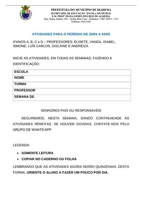 Pdf Atividades Para O Per Odo De A Educacao Diadema Sp Gov