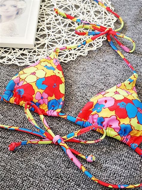 Emmiol Free Shipping Summer Flower Halter Bikini Set Pink M In