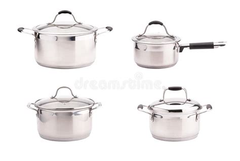 Saucepans Stainless Steel Pans Gas Stove In Home Kitchen Stock Photo