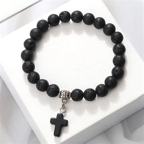 Pedra Natural Cruz Frisada Pulseiras Para Homens E Mulheres Black Lava