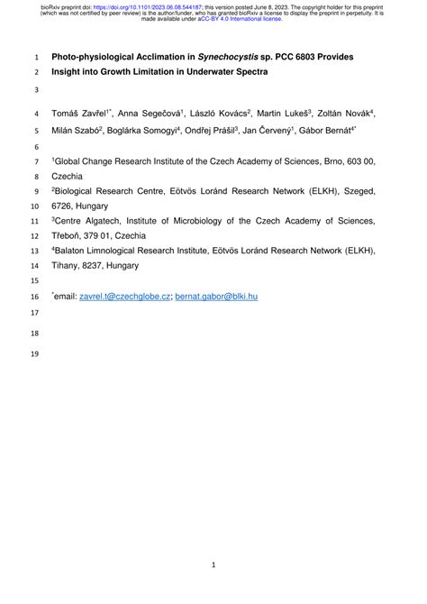 Pdf Photo Physiological Acclimation In Synechocystis Sp Pcc