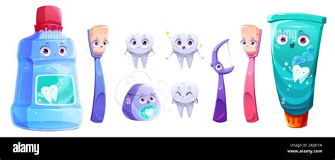 Teeth Care Product Cartoon Characters Smiling Animated Mouth Wash