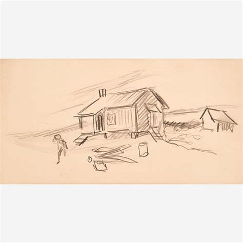 Thomas Hart Benton Sketch Of Farm House Missouri Flood Crayon 1936