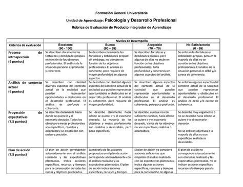 Rúbrica PIA PSI Rubrica Formación General Universitaria Unidad de