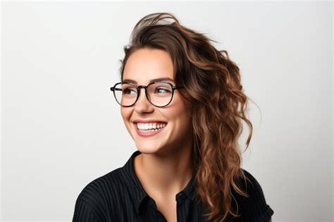 Premium Ai Image A Happy And Satisfied Woman Wearing Glasses Portrayed On A White Background