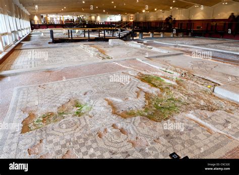 Mosaics on display at Fishbourne Roman Palace, near Chichester, West ...