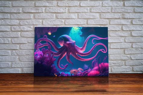 Pink Octopus, Ocean Art, Aquarium Art, Framed Canvas Print, Vaporwave ...