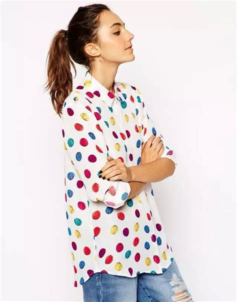 Womens Colorful Polka Dots White Long Sleeve Chiffon Shirt Ladies