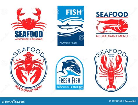 Seafood Icons Fresh Fish Restaurant Menu Stock Vector Illustration