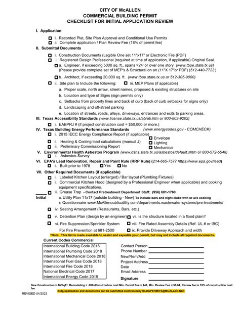 City Of Mcallen Texas Commercial Building Permit Checklist For