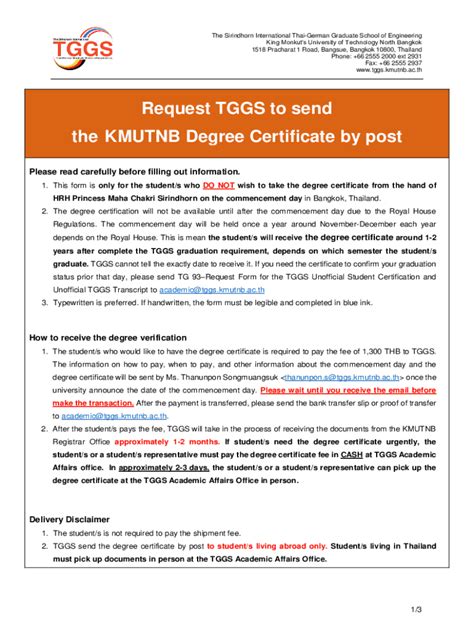 Fillable Online Request Tggs To Send The Kmutnb Degree Certificate By