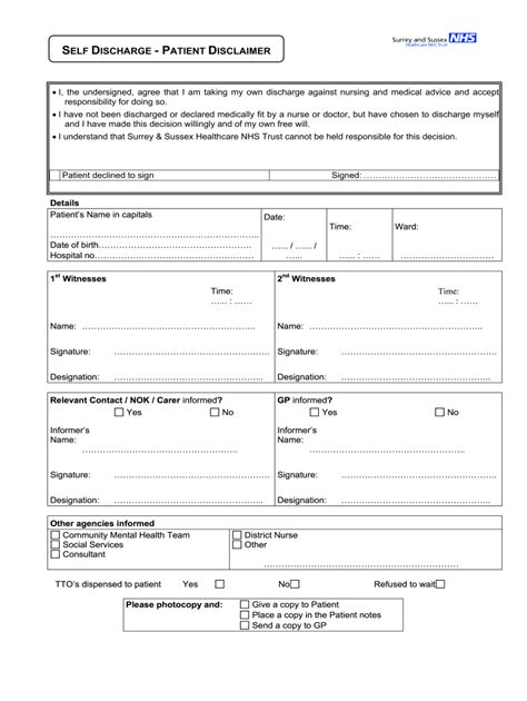 Printable Fillable Hospital Discharge Papers