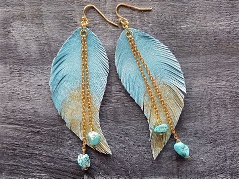 Blue Feather Earrings Leather Feather Earrings Gold Blue Dangle