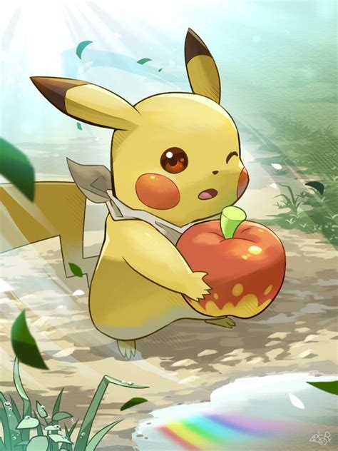 A Cartoon Pikachu Holding An Apple In Its Hand While Standing On The Ground