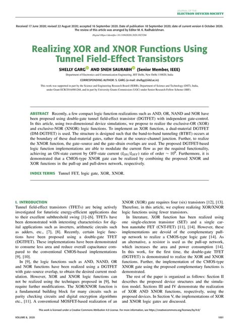 Realizing Xor And Xnor Functions Using Tunnel Field Effect Transistors