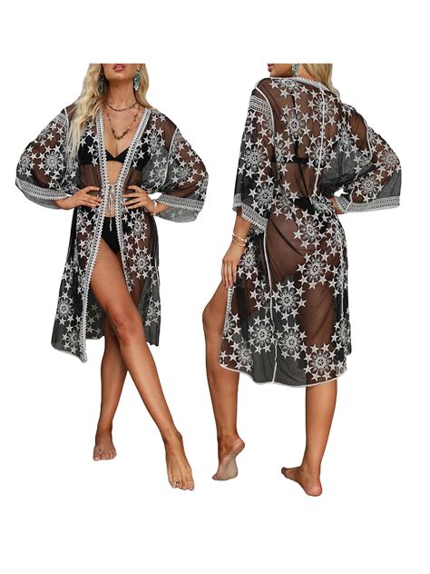 Mubineo Women Kimono Bikini Cover Up Star Embroidery See Through Mesh