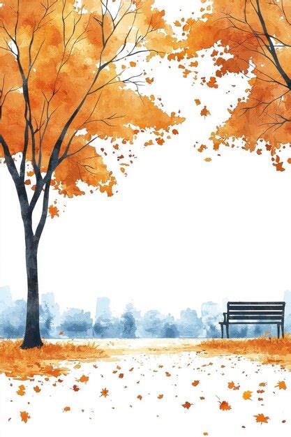 Watercolor Painting Of Autumn Landscape With Bench Premium Ai