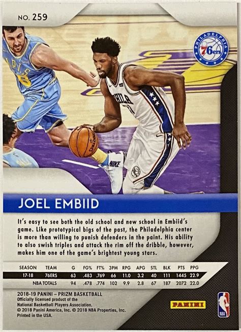 Joel Embiid 2018-19 Panini Prizm Basketball Philadelphia 76ers Card - KBK Sports