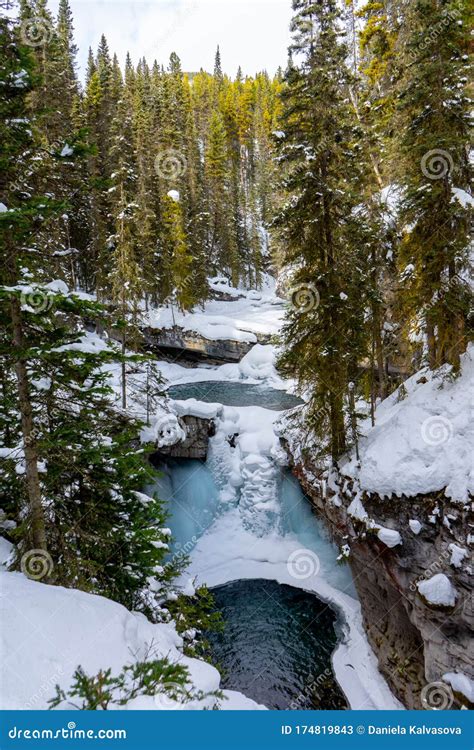 Johnston Canyon In Winter Canada Stock Image Image Of Mountains