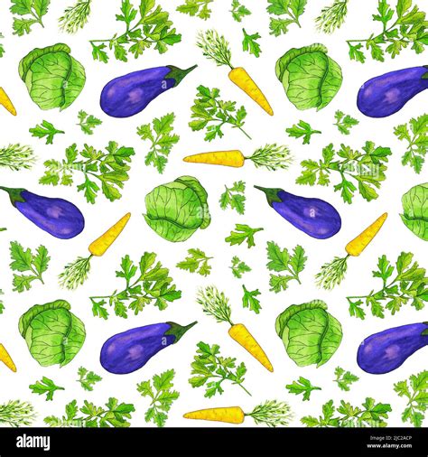 Watercolor Vegetable Seamless Pattern On White Background Vitamin