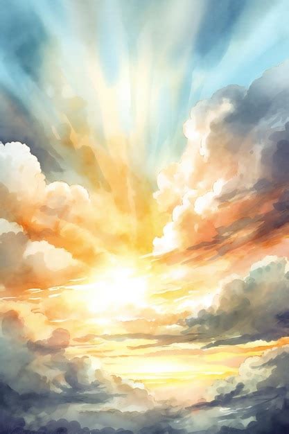 Premium Photo | A painting of a sunset with clouds and sun rays