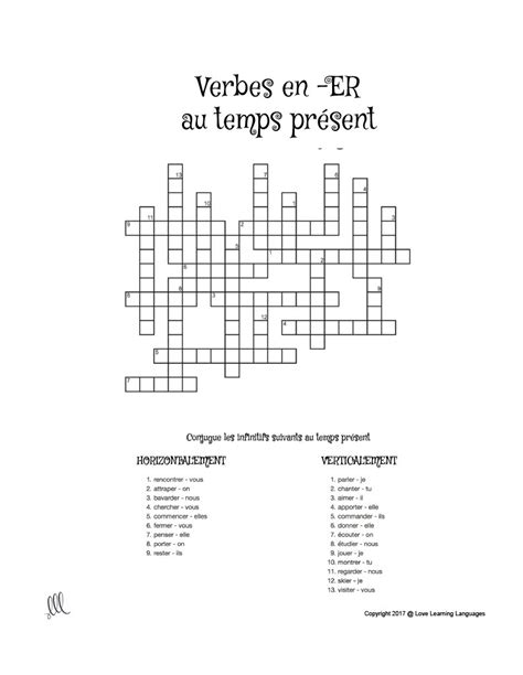 French ER Verbs Crossword Puzzle Regular ER Verbs Present Tense