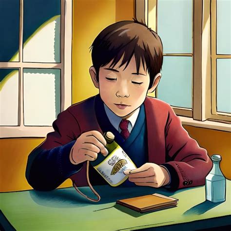 Una pintura de un niño con una botella de aceite y un libro llamado