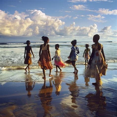 Premium Photo A Group Of Women Walk Along The Beach With The Ocean In