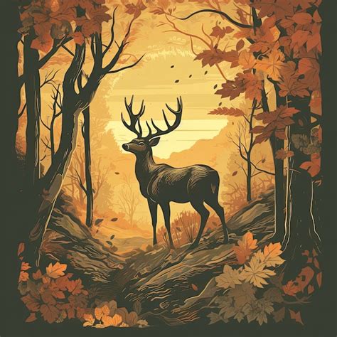 A painting of a deer in a forest with a sunset in the background | Premium AI-generated image