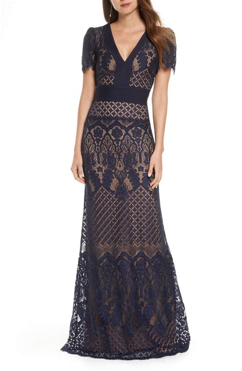 Buy Tadashi Shoji Embroidered Lace Evening Gown Navy Nude At Off Editorialist
