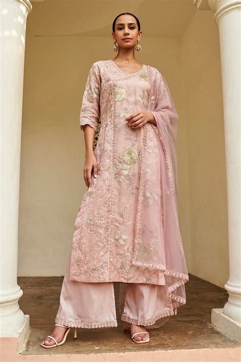 Buy Peach Organza Embroidery Zardozi Rounded V Floral Vine Kurta Pant