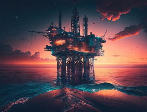 Oil Rig Platform In Open Sea On Beautiful Sunset Oil Production