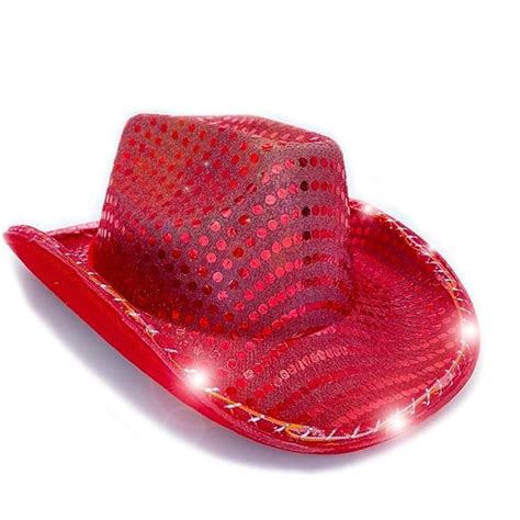 Red Sequin Light Up Led Flashing Cowboy Hat With Sequins White Leds