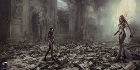 Beautiful Female Witches Exploring Scorched Ruins Of Stable Diffusion