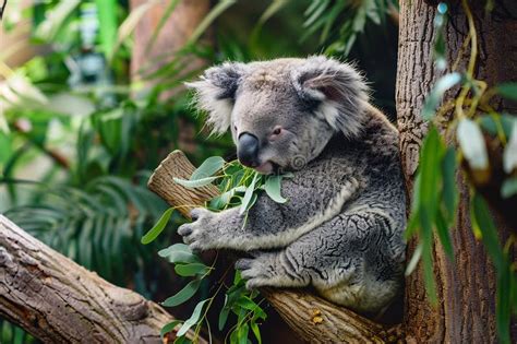 Koala Bear Sitting on Tree Eating Eucalyptus Leaves. Stock Photo ...