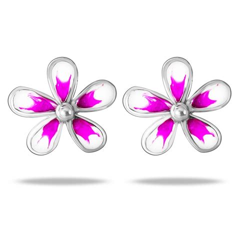 Floral Design Enamel Tops Studs Silver Earrings in Pure 92.5 Sterling ...