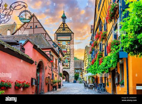 Riquewihr France Picturesque Street With Traditional Half Timbered