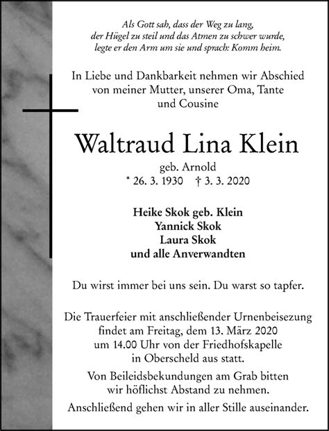 Traueranzeigen Von Waltraud Lina Klein Vrm Trauer De