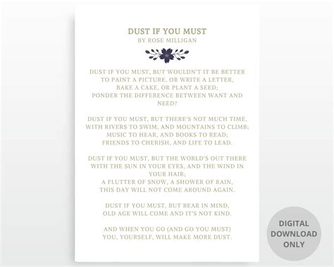 Dust If You Must Poetry Printable Poster Rose Milligan Literature