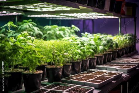 potted medicinal herbs under grow lights in a hydroponic setup Stock Photo | Adobe Stock