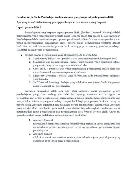 Lembar Kerja Lk 1a Pembelajaran Dan Asesmen Yang Berpusat Pada Peserta Didik Pdf