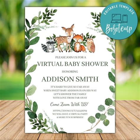 Printable Woodland Virtual Baby Shower Invitation Template DIY | Bobotemp