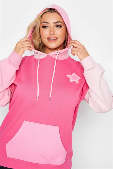 Plus Size Pink Colour Block Star Print Hoodie Yours Clothing