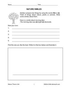 Nature Metaphors Worksheet for 4th - 6th Grade | Lesson Planet